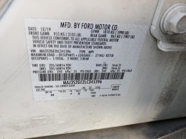 MAJ3S2GE2LC345396 - 2020 FORD ECOSPORT SE WHITE photo 12