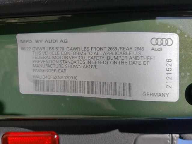 WAUB4CF5XNA039310 - 2022 AUDI S5 PRESTIGE GREEN photo 12