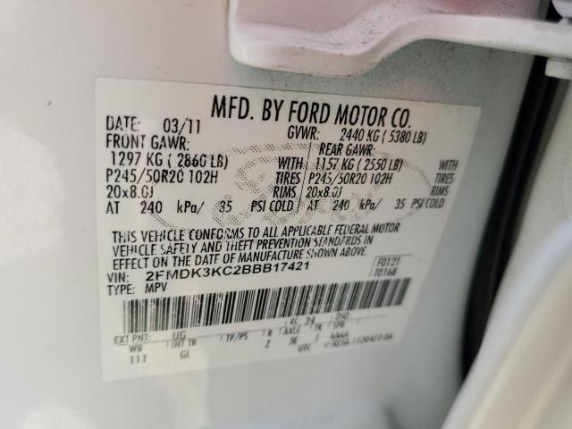 2FMDK3KC2BBB17421 - 2011 FORD EDGE LIMITED WHITE photo 12