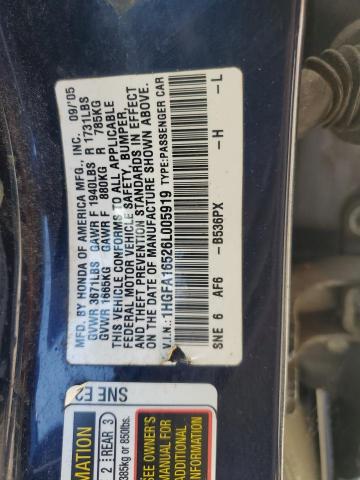 1HGFA16526L005919 - 2006 HONDA CIVIC LX BLUE photo 12