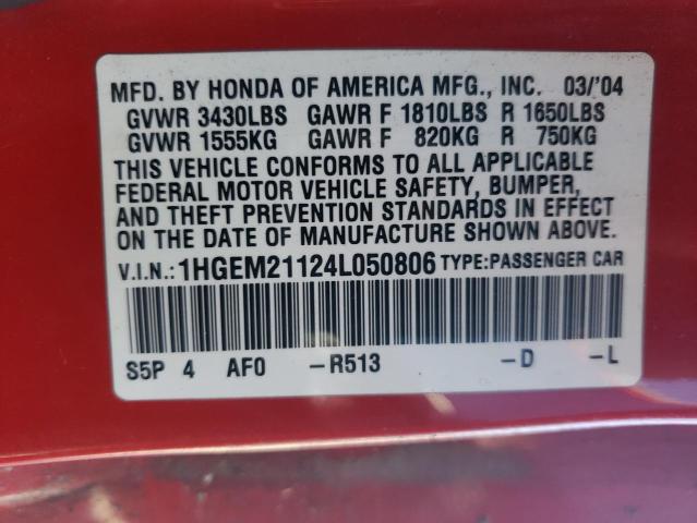 1HGEM21124L050806 - 2004 HONDA CIVIC DX VP Qırmızı foto 12