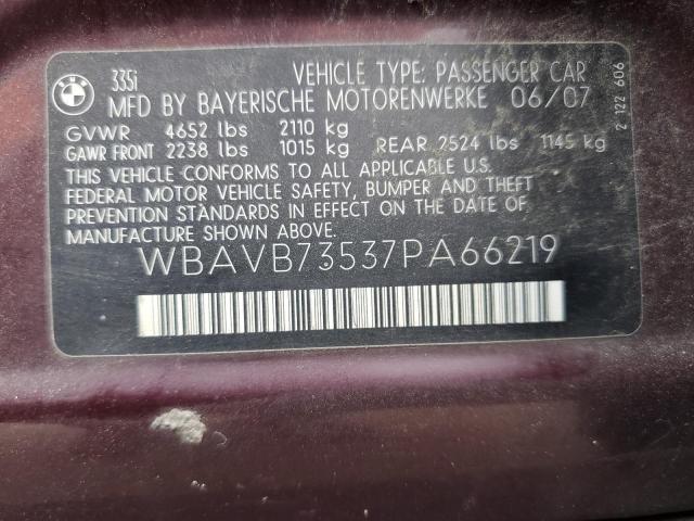 WBAVB73537PA66219 - 2007 BMW 335 I BURGUNDY photo 12