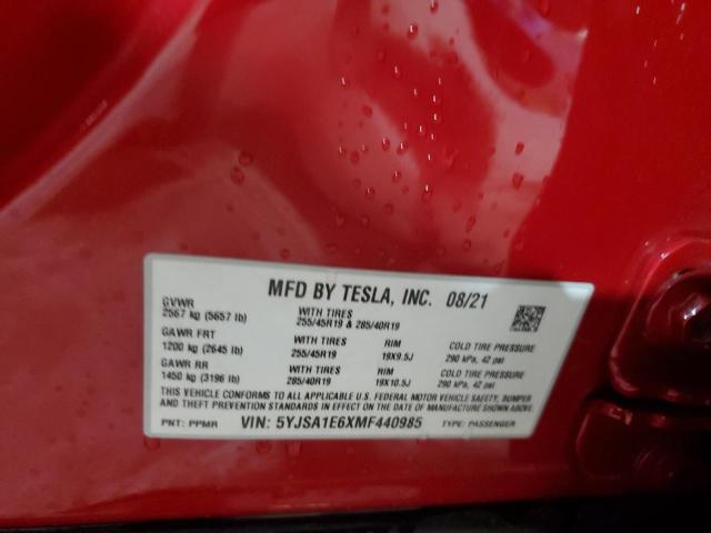 5YJSA1E6XMF440985 - 2021 TESLA MODEL S RED photo 12