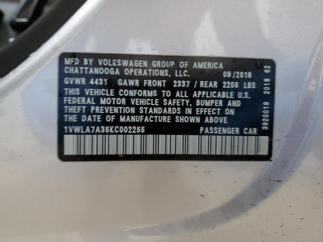1VWLA7A35KC002255 - 2019 VOLKSWAGEN PASSAT WOLFSBURG Plata foto 12