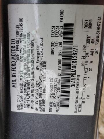 3FAHP0JA0CR128271 - 2012 FORD FUSION SEL GRAY photo 12