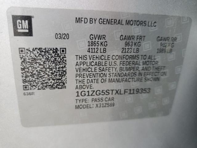 1G1ZG5STXLF119353 - 2020 CHEVROLET MALIBU RS ვერცხლისფერი ფოტო 12