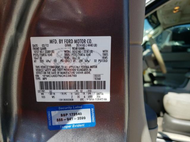 1FMCU0D76CKC06789 - 2012 FORD ESCAPE XLT GRAY photo 12