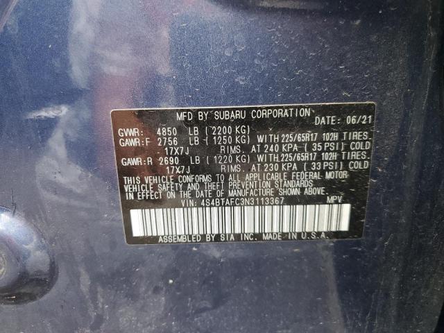 4S4BTAFC3N3113367 - 2022 SUBARU OUTBACK PREMIUM BLUE photo 12