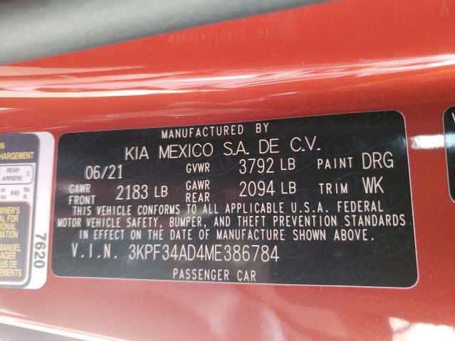 3KPF34AD4ME386784 - 2021 KIA FORTE GT LINE ORANGE photo 12