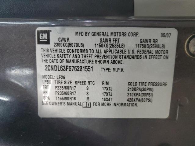 2CNDL63F576231551 - 2007 CHEVROLET EQUINOX LT GRAY photo 13