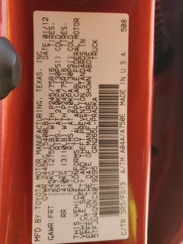 5TFJU4GNXCX019295 - 2012 TOYOTA TACOMA DOUBLE CAB PRERUNNER RED photo 12