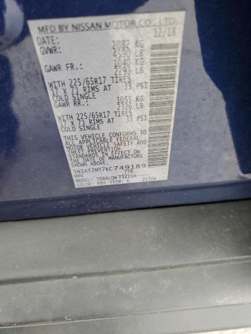 5N1AT2MT7KC749189 - 2019 NISSAN ROGUE S ლურჯი ფოტო 13