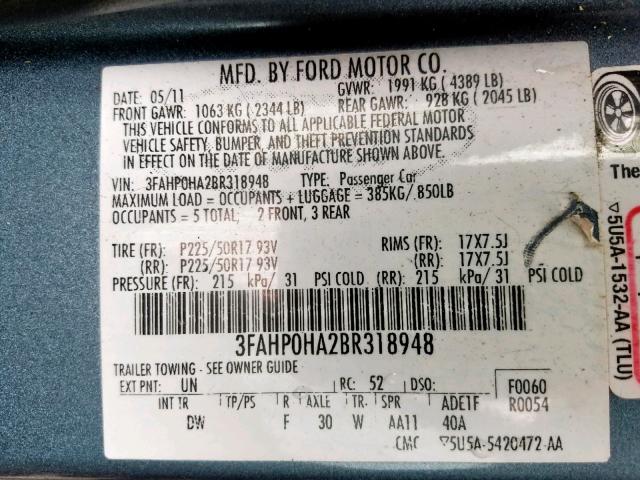 3FAHP0HA2BR318948 - 2011 FORD FUSION SE  photo 10