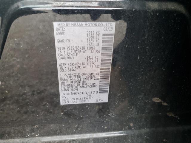 5N1DR2MM7KC634578 - 2019 NISSAN PATHFINDER S BLACK photo 12