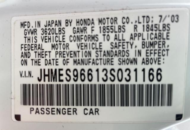 JHMES96613S031166 - 2003 HONDA CIVIC HYBRID WHITE photo 10