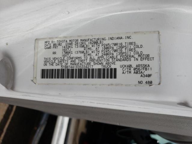 5TBBT441X3S334217 - 2003 TOYOTA TUNDRA ACCESS CAB SR5 WHITE photo 12
