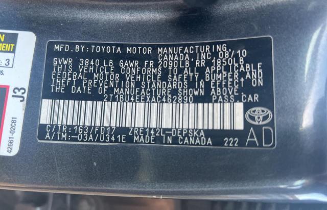 2T1BU4EEXAC462890 - 2010 TOYOTA COROLLA BASE GRAY photo 10