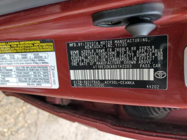 4T1BE32KX6U142203 - 2006 TOYOTA CAMRY LE BURGUNDY photo 12