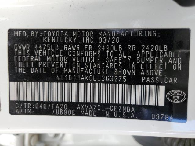 4T1C11AK9LU363275 - 2020 TOYOTA CAMRY LE WHITE photo 13