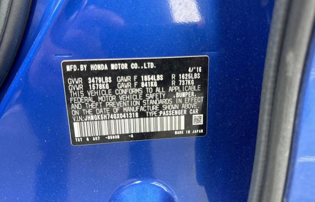 JHMGK5H74GX041318 - 2016 HONDA FIT EX BLUE photo 10