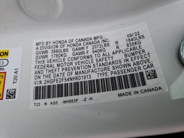 2HGFE2F54NH601913 - 2022 HONDA CIVIC SPORT 白色 照片 12