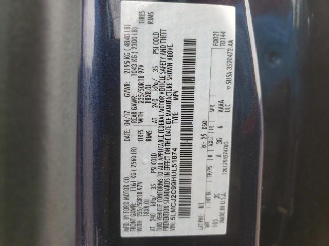 5LMCJ2C99HUL51874 - 2017 LINCOLN MKC SELECT Կապույտ լուսանկար 12