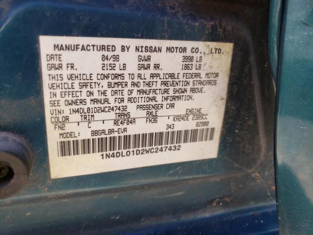 1N4DL01D2WC247432 - 1998 NISSAN ALTIMA XE GREEN photo 12