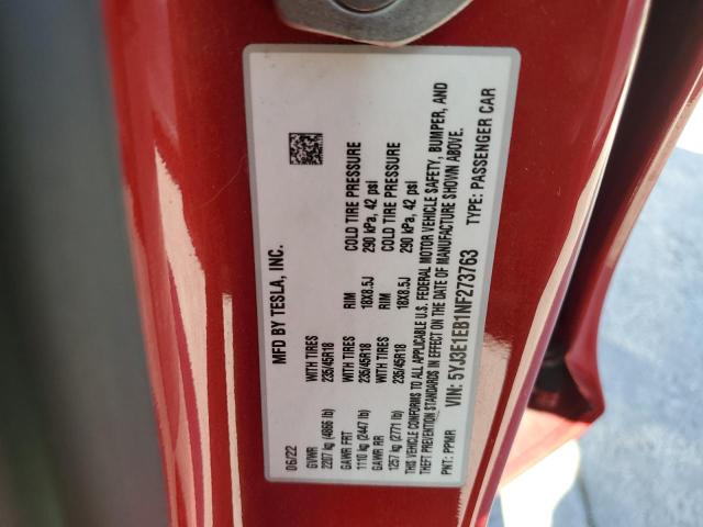 5YJ3E1EB1NF273763 - 2022 TESLA MODEL 3 红色 照片 12
