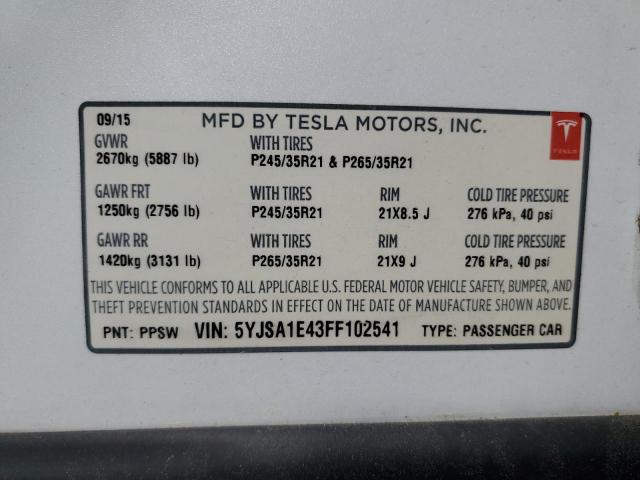 5YJSA1E43FF102541 - 2015 TESLA MODEL S WHITE photo 12