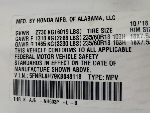 5FNRL6H79KB048118 - 2019 HONDA ODYSSEY EXL 白色 照片 13
