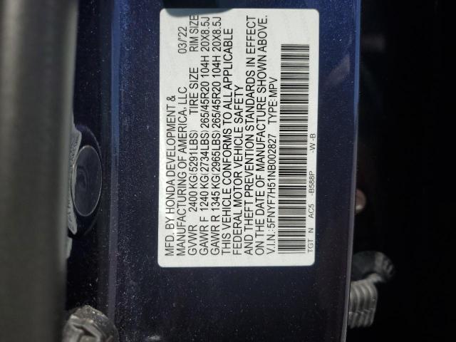 5FNYF7H51NB002827 - 2022 HONDA PASSPORT EXL ლურჯი ფოტო 13