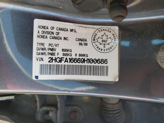 2HGFA16669H100686 - 2009 HONDA CIVIC LX-S Մոխրագույն լուսանկար 12