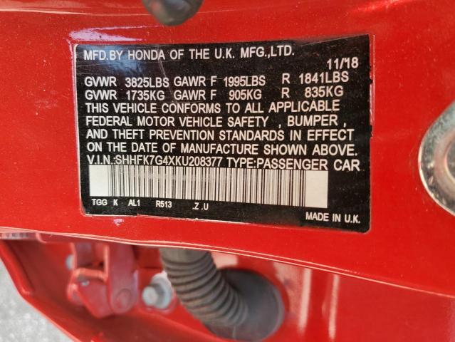 SHHFK7G4XKU208377 - 2019 HONDA CIVIC SPORT 红色 照片 12