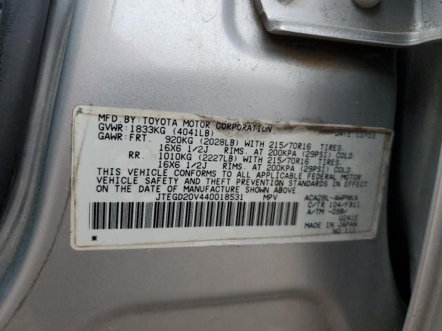 JTEGD20V440018531 - 2004 TOYOTA RAV4 SILVER photo 12