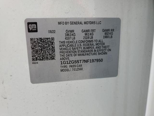 1G1ZG5ST7NF197950 - 2022 CHEVROLET MALIBU RS 白色 照片 12