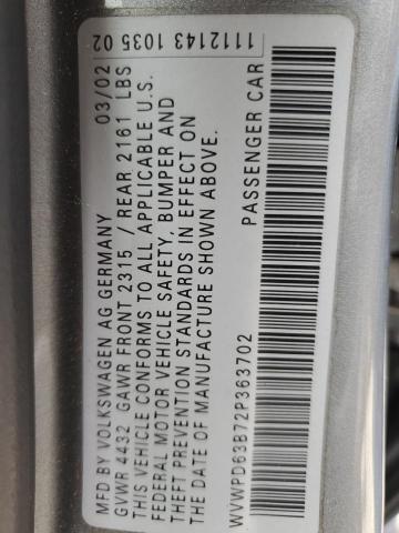 WVWPD63B72P363702 - 2002 VOLKSWAGEN PASSAT GLS GRAY photo 12