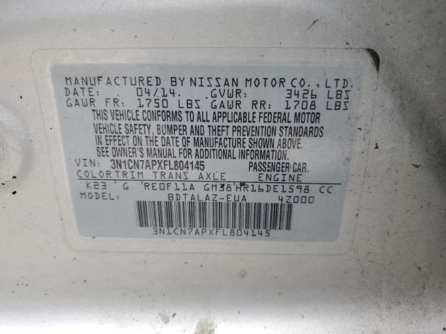 3N1CN7APXFL804145 - 2015 NISSAN VERSA S SILVER photo 13