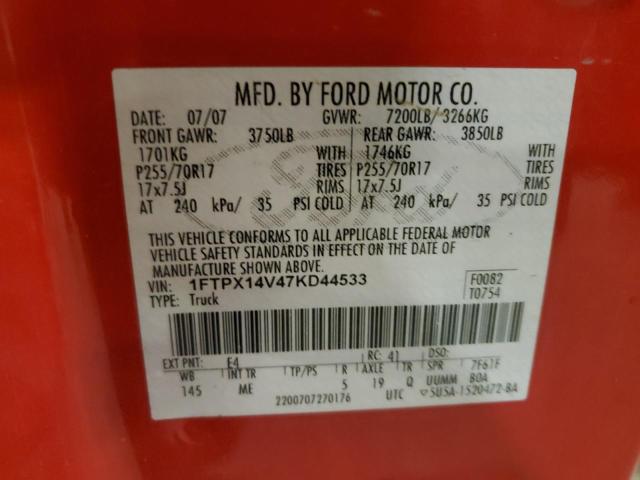1FTPX14V47KD44533 - 2007 FORD F150 RED photo 12