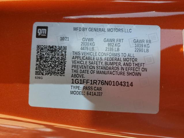 1G1FF1R76N0104314 - 2022 CHEVROLET CAMARO LT1 ORANGE photo 12