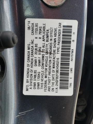 2HGFB2F58EH543216 - 2014 HONDA CIVIC LX GRAY photo 12