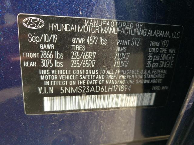 5NMS23AD6LH171894 - 2020 HYUNDAI SANTA FE SE BLUE photo 12