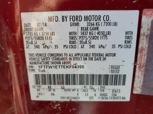 1FTFW1ET7EKF04395 - 2014 FORD F150 SUPERCREW RED photo 12
