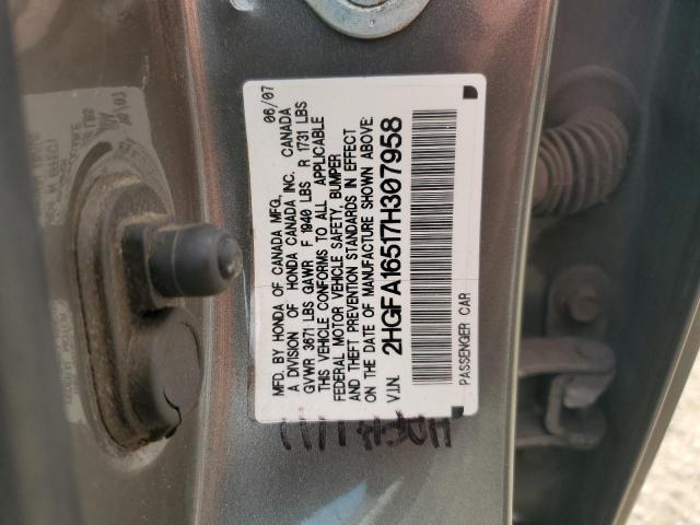 2HGFA16517H307958 - 2007 HONDA CIVIC LX GRAY photo 12