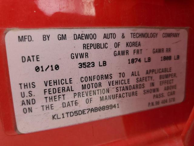 KL1TD5DE7AB089941 - 2010 CHEVROLET AVEO LS 红色 照片 12