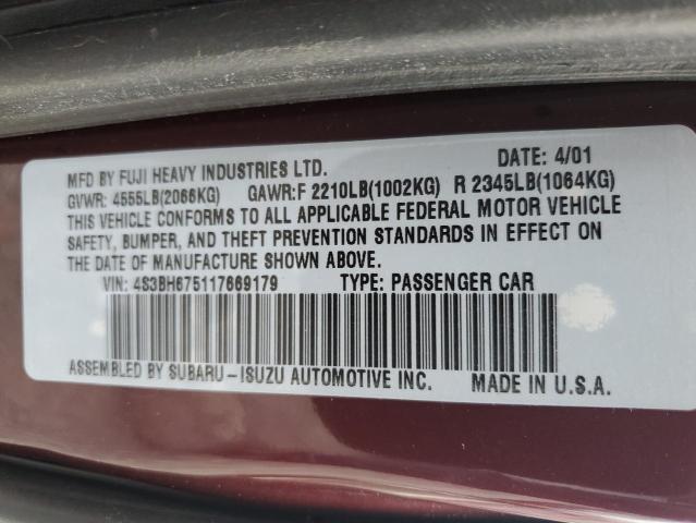 4S3BH675117669179 - 2001 SUBARU LEGACY OUTBACK AWP 勃艮第红 照片 12