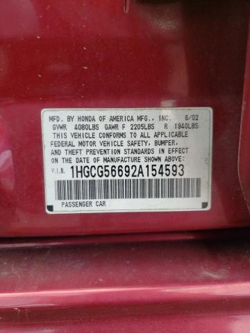 1HGCG56692A154593 - 2002 HONDA ACCORD EX MAROON photo 12