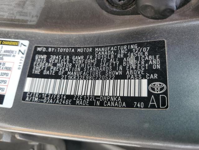 2T1KR32E98C720522 - 2008 TOYOTA COROLLA MA XR GRAY photo 12