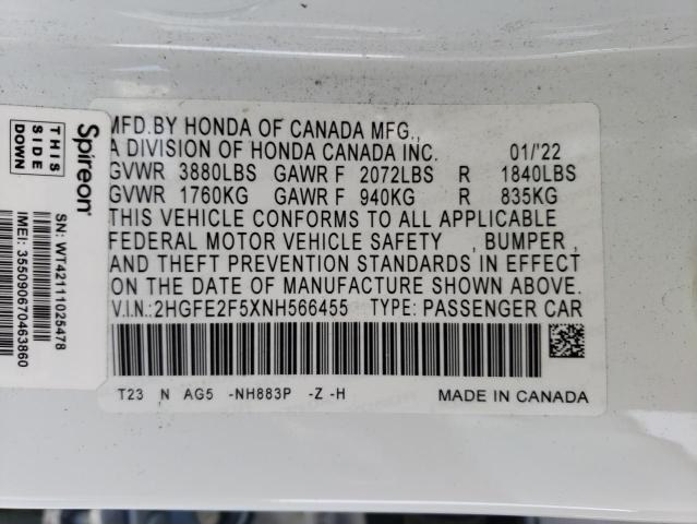 2HGFE2F5XNH566455 - 2022 HONDA CIVIC SPORT 白色 照片 12