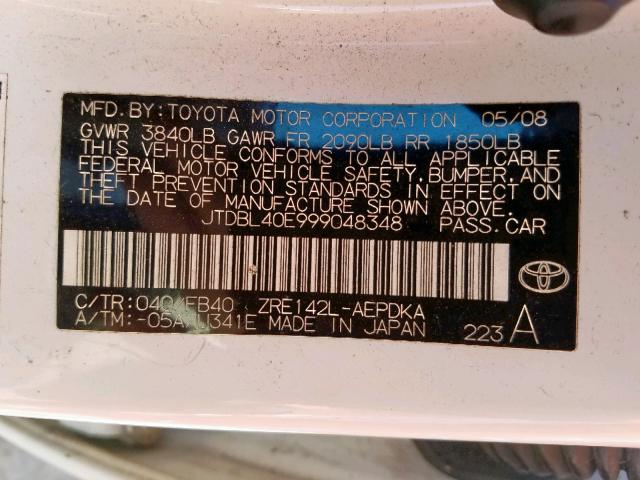 JTDBL40E999048348 - 2009 TOYOTA COROLLA BASE  照片 10