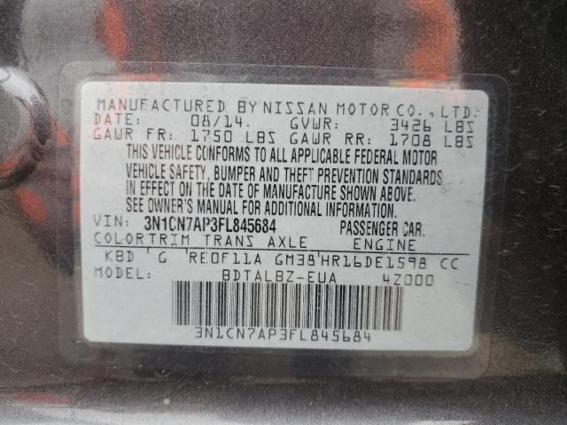 3N1CN7AP3FL845684 - 2015 NISSAN VERSA S GRAY photo 12